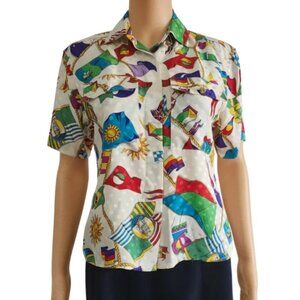 Vintage Maggy London Petites Silk Blouse Short Sleeves Pleated Colorful Womens 4
